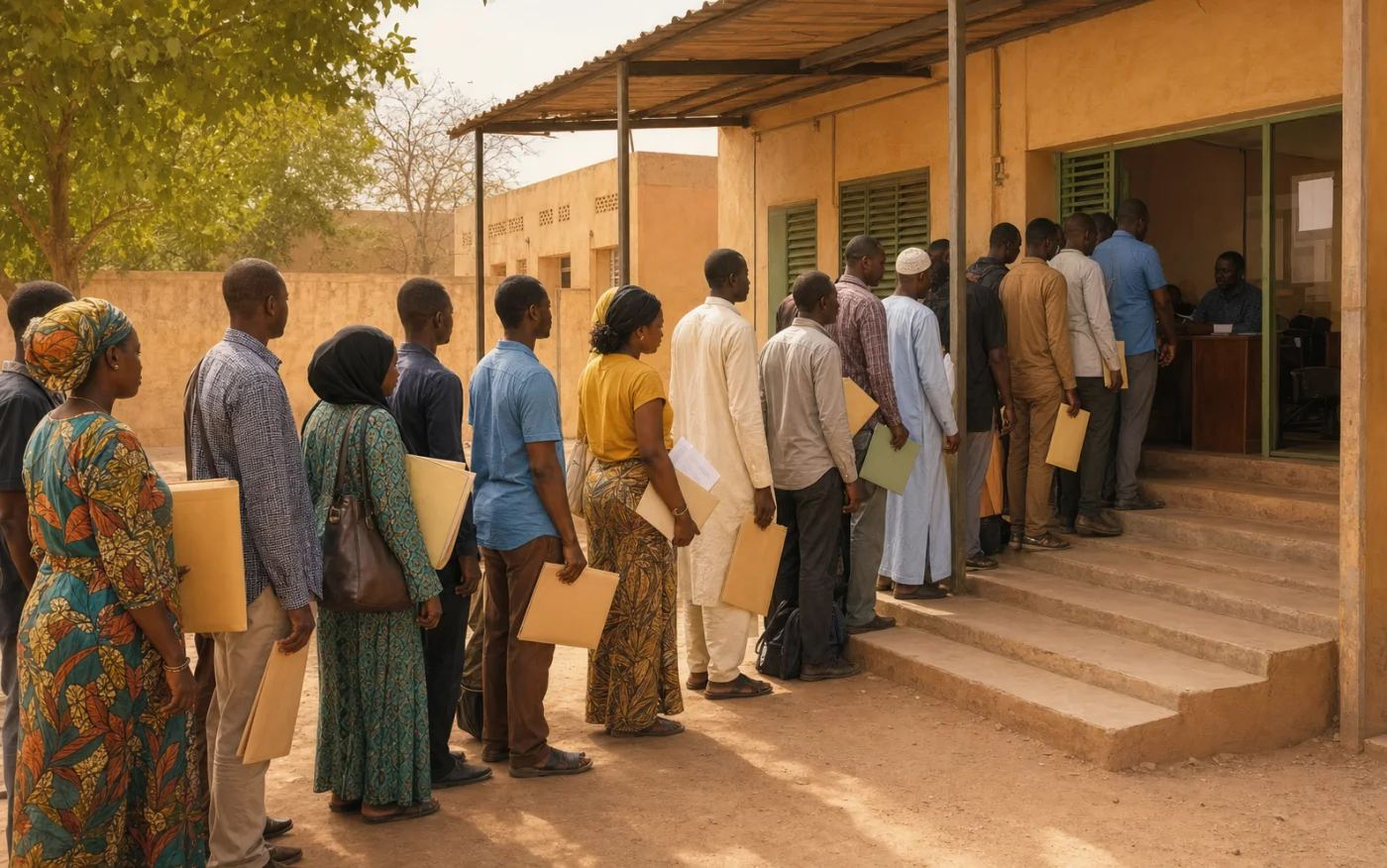 File d’attente de candidats avec leurs dossiers papier devant un centre administratif